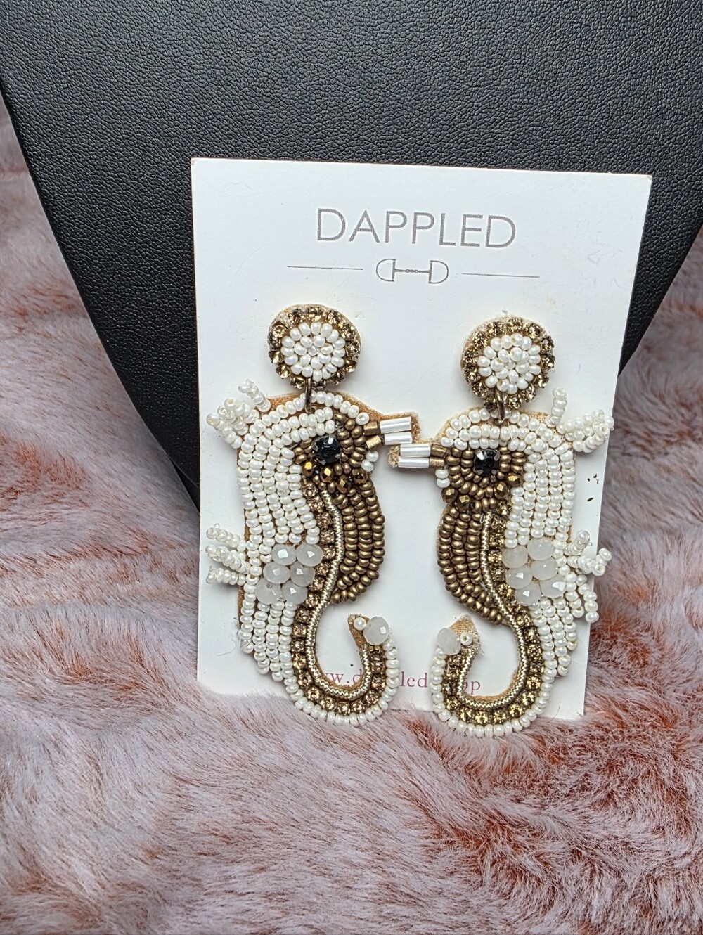 Dappled Gold and Cream Seahorse Beaded Drop Earrings